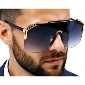 Shield Sunglasses Gold Accents‎ Single Black Lens Miami Beach Style Trendy Gafas